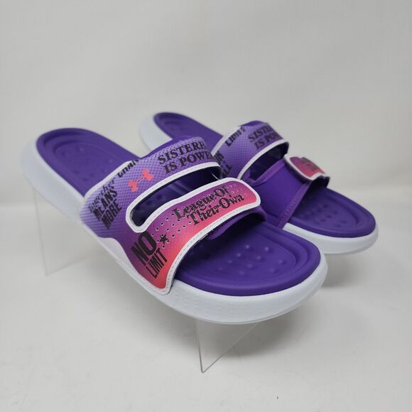 Under Armour Sandals Womens 10 Purple Logo Spell Out Slides Comfort Ansa Studio - Picture 1 of 8